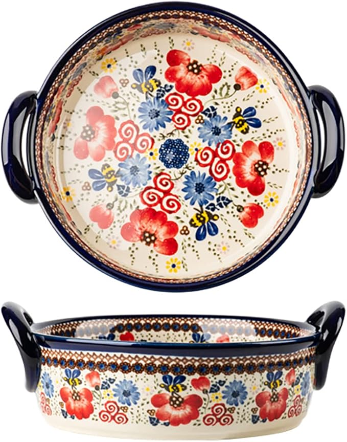 Vintage Flowers Style Ceramic Bakeware Casserole Dish Baking Pan Lasagna Pans Baking Dish with Handles for Oven/Cooking/Kitchen-1 PCS-Red Flowers-32 OZ
