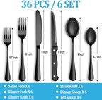 36 Pcs Black Silverware Set with Steak Knives, Stainless Steel Flatware Cutlery Set Service for 6, Kitchen Tableware Set, Utensil Set for Home and Restaurant, Knives Forks Spoon Set, Dishwasher Safe
