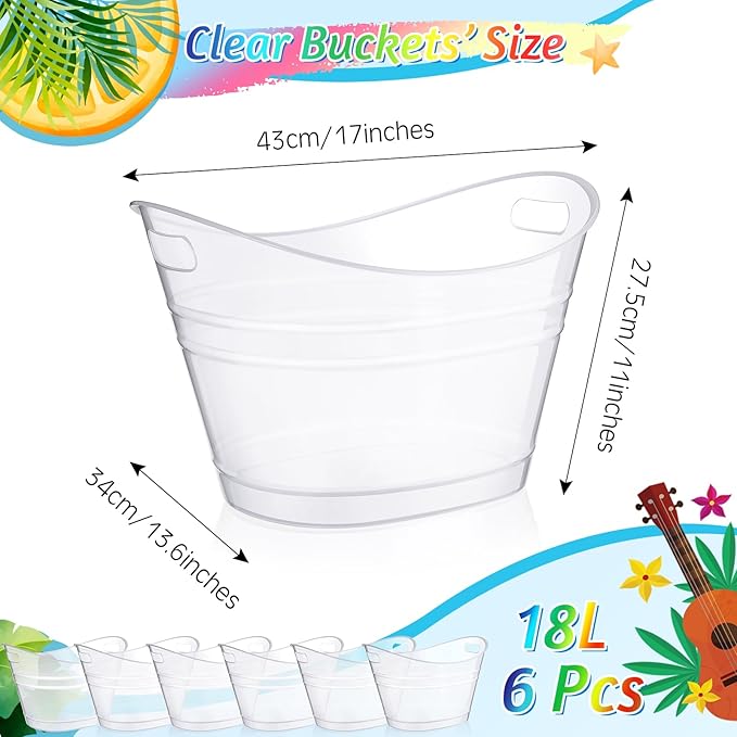 meekoo 6 Pcs Plastic Ice Buckets Bulk with Handles 4.5L Oval Storage Tub Large Capacity Ice Drink Bucket for Easter Summer Party Bar Wine Beer Champagne Beverage Bottle Cooler(18 L,Clear)