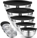 BEWOS Mixing Bowls with Lids Set - 5 Pcs Stainless Steel Mixing Bowls With 3 Grater Attachments, Size 4.5, 4, 3.5, 2.1, 1.5QT Metal Bowls for Baking and Serving (Black)