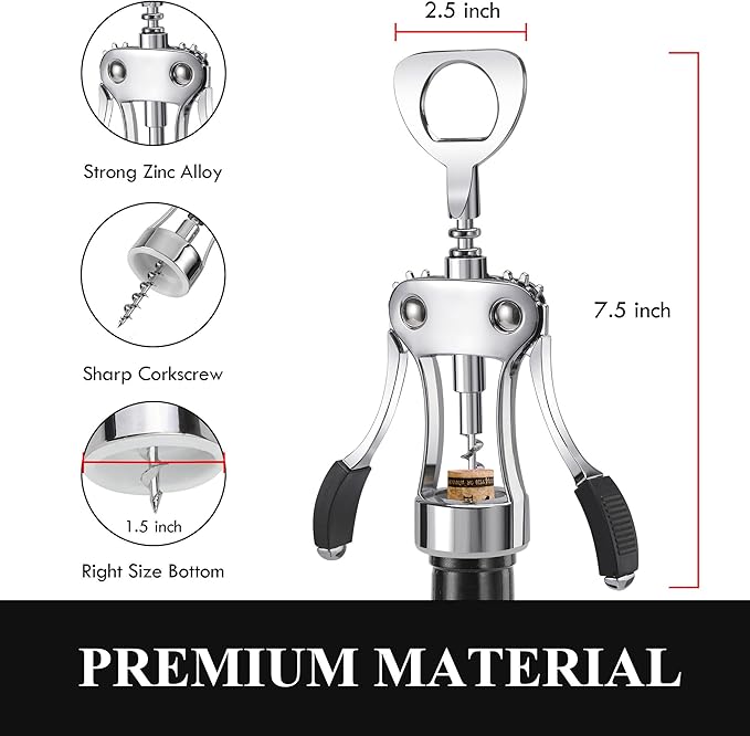 KORCCI Wine Opener, Heavy-Duty Zinc Alloy Wing Corkscrew, Premium Beer Bottle Opener, Multifunctional Wine Accessories with Ergonomic Handle and Sharp Screw, for Kitchen, Bar, Restaurant (BOX)