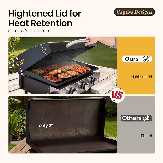 Captiva Designs 22 in Flat Top Grill with Ceramic Coated Cast Iron Pan, Portable Tabletop Propane Gas Griddle Grill for Camping, Outdoor & Tailgating Barbecue, 24,000 BTU Output, 3 Burners