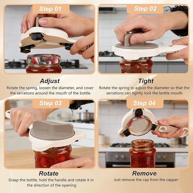 4 in 1 Multi-Purpose Jar Opener,Adjustable Stainless Steel Jar Opener,Multi-Functional Retractable Jar & Bottle Openers,Multi Size Lid Tool for Jars Cans Wine Bottles,Home Kitchen Helper (Beige)