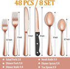 48 Pcs Rose Gold Silverware Set with Steak Knives Service for 8,Stainless Steel Flatware Set,Mirror Polished Cutlery Utensil Set, Kitchen Eating Tableware,Include Fork Knife Spoon Set,Dishwasher Safe