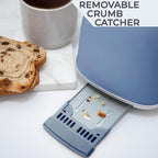 Rae Dunn Retro Rounded Bread Toaster, 2 Slice Stainless Steel Toaster with Removable Crumb Tray, Wide Slot with 6 Browning Levels, Bagel, Defrost and Cancel Options, Navy
