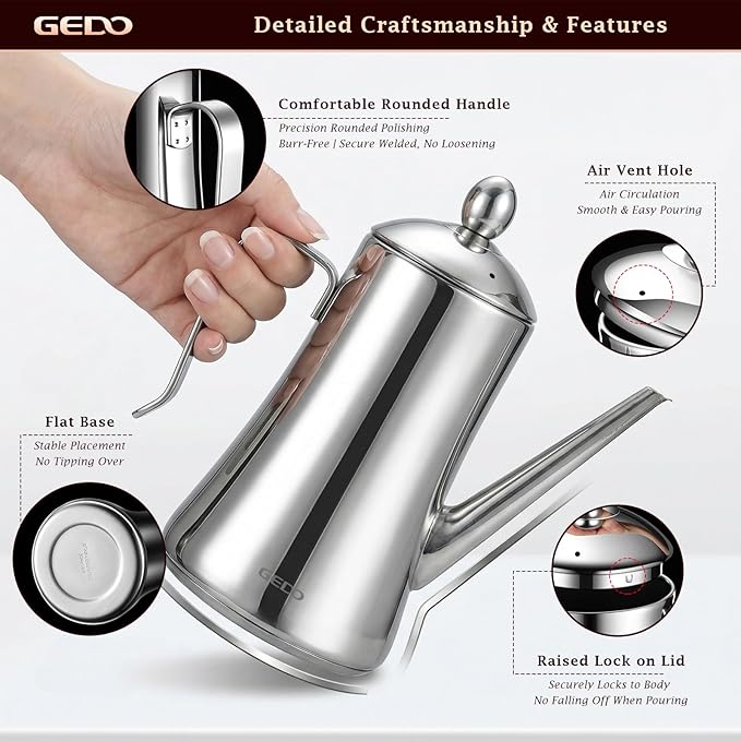 GEDO 304 Stainless Steel Oil Dispenser, Eagle Beak Drip-Free Spout Oil Pot with Extra Wide Mouth & Air Vent Lid, Large Capacity for Kitchen Cooking & Outdoor Grilling (1.37QT / 1300ml)