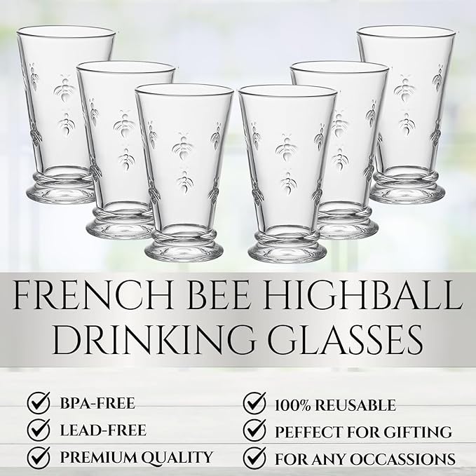 French Bee Highball Glasses | Set Of 6 | Clear Drinking Glass 13 OZ, Old Fashioned Glasses with Bees Embossed Design, Fine Crystal French Glassware, Drinking Glasses, Heavy Water & Juice Glasses Gift