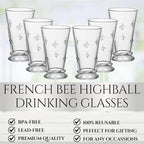 French Bee Highball Glasses | Set Of 6 | Clear Drinking Glass 13 OZ, Old Fashioned Glasses with Bees Embossed Design, Fine Crystal French Glassware, Drinking Glasses, Heavy Water & Juice Glasses Gift
