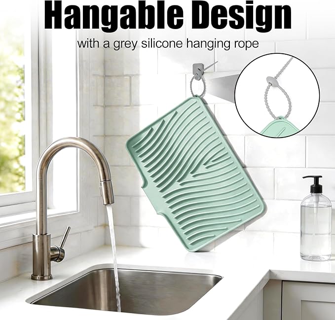 TIKNIK Silicone Dish Drying Mat, Stone Drying Mat for Kitchen Counter with Built-In Drain, Non-Slip Drain Pad with Built-in Drain, Heat Resistant Stone Drying Mat, Hangable, Mint-1pcs, 20" x 15"