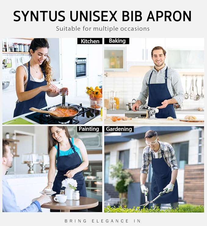 Syntus Apron for Men Women, Adjustable Cooking Kitchen Chef Aprons with 2 Pockets, Cotton/Polycotton/Polyester