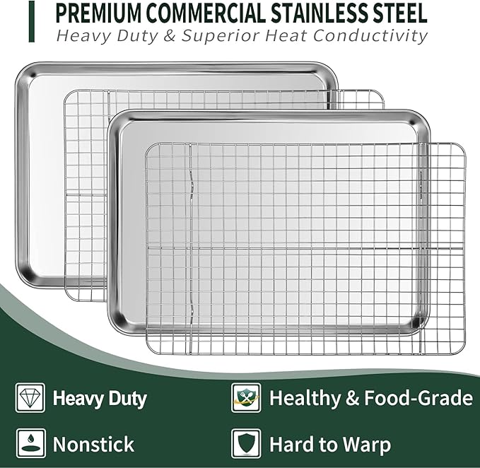 Quarter Sheet Pan with Cooling Rack Set [2 Baking Sheets + 2 Baking Racks], CEKEE Stainless Steel Cookie Sheets for Baking and Wire Rack - Rust & Warp Resistant & Nonstick, Size 12 x 9.8 x 1 Inch