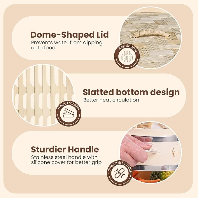 UPGRADED Bamboo Steamer Basket 10-Inch 2-Tier with handle|1x Stainless Steel Ring|2x Chopsticks|50x Perforated Liners|1x Sauce bowl| Easy to clean|Dumpling Steamer Baskets for Cooking Rice & Vegetable (Full Set [10-Inch] with Dumpling Tools)