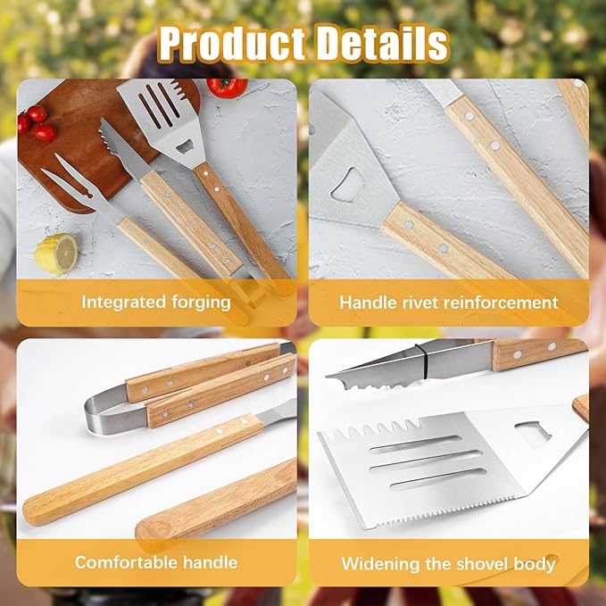 Grilling BBQ Tool Accessories Set, 3PCS Stainless Steel Spatula/Tong/Fork with Wood Handle, Barbecue Grill Utensils for Outdoor, Ideal BBQ Set Grilling Tools for Outdoor Camping Housewarming Party