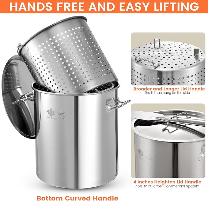ARC 64QT Stainless Steel Seafood Boiling Turkey Fryer Kit with Strainer and Propane Stove with 200,000BTU, Stainless Steel Crawfish Boil Pot and Burner for Outdoors Cooking and Steaming, Non-Assembly