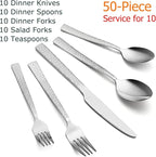 E-far 50-Piece Hammered Silverware Set, Stainless Steel Square Flatware Set Service for 10, Tableware Cutlery Set Includes Forks Spoons Knives, Modern Design & Mirror Polished - Dishwasher Safe