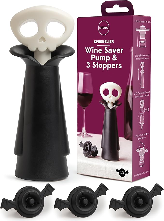 OTOTO New Spookelier Wine Saver Pump and 3 Wine Stopper - Wine Bottle Stoppers for Wine Bottles, Wine Stoppers Vacuum, Spooky Goth Accessories, Fun Skull Halloween Goth Kitchen, Goth Gifts Gadgets