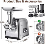 Meat Grinder, Sausage Stuffer, [2800W Max] Electric Meat Mincer with Stainless Steel Blades & 3 Grinding Plates,Sausage Maker & Kubbe Kit for Home Kitchen & Commercial Using