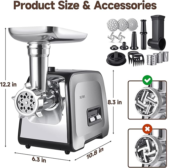Meat Grinder, Sausage Stuffer, [2800W Max] Electric Meat Mincer with Stainless Steel Blades & 3 Grinding Plates,Sausage Maker & Kubbe Kit for Home Kitchen & Commercial Using