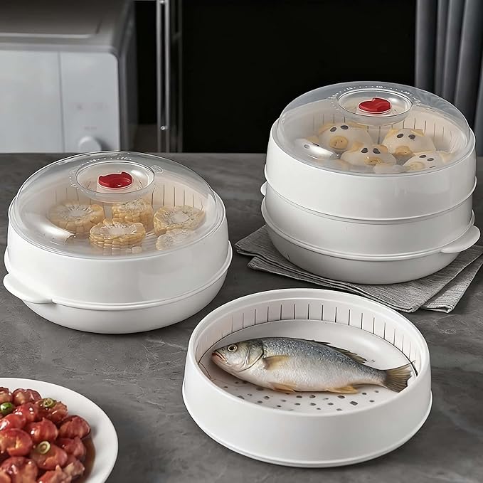 Microwave Vegetable Steamer, Microwave Steamer for Vegetables,Microwavable Cookware with Lid and Tray for Cooking Food and Vegetables (three layers)