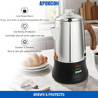 APOXCON Electric Coffee Percolator Stainless Steel Coffee Maker with Tough Glass Clear Brew Progress Knob & On/OFF Switch Keep Warm Cordless Serve for Home and Hotel Room Use Gift Box Packaging 6 Cup