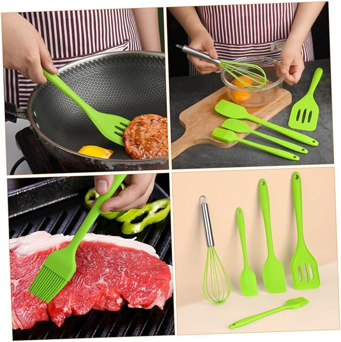 TOYANDONA 5pcs Silicone Baking Utensil Set Non-stick Kitchen Cooking Tools Heat Resistant Green Household Kitchenware with Stainless Steel Handles for Mixing and Scraping