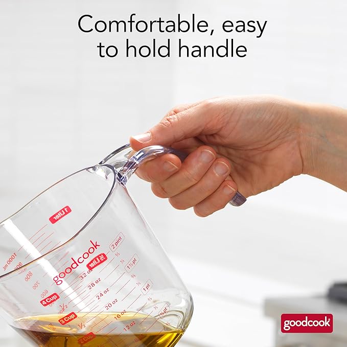 GoodCook Everyday 4-Cup Liquid Measuring Cup, Clear Plastic with Easy-to-Read Markings, Tapered Pour Spout, Comfortable Handle, Measures in Cups, Ounces, Pints, and Milliliters