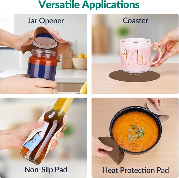 NIHOME Silicone Jar Opener – 6 Inch Large Anti-Slip Grip Pads, Premium 100% Food-Grade Silicone, Stylish Designer Colors, Multi-Purpose Heat-Resistant Mat & Coaster, Set of 4 (Coffee Colors)