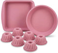 Platinum Silicone Baking Molds Set (8pc) - 100% Fumed Silica Non-Stick - Square Pan, Round Dish & 6 Mini Bundts - BPA Free, Pinch Test Passed, Oven Safe 446°F (Dusty Rose)