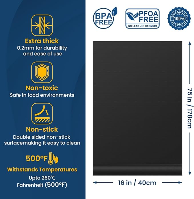 16x75 Inches Oven Liner for Bottom of Oven, Cut to Size Air Fryer Liners, Stovetops Protector & Grills Mat Thick Heavy Duty Non Stick Teflon Sheet with BPA and PFOA Free