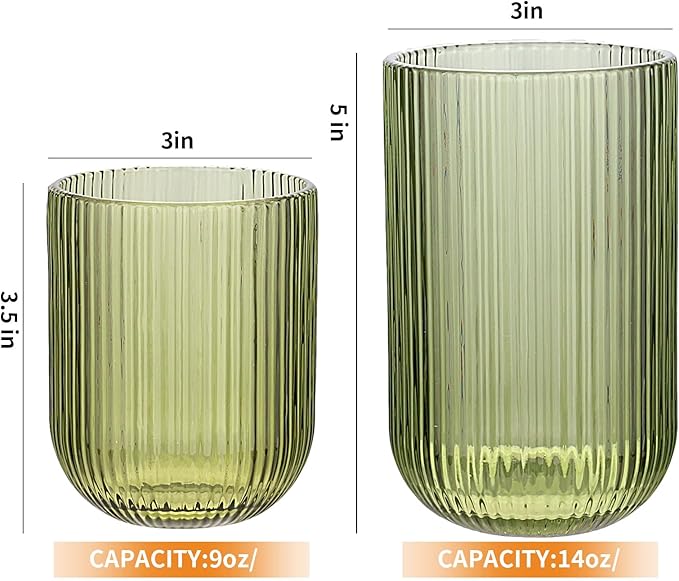 Set of 8 Ribbed Glassware,4 Highball Glasses 14oz & 4 Rocks Drinking Glasses 9oz, Green, Origami Style, Fluted Design, for Milk, Water, Cocktail, Juice, Beer, ToothBrush Cup, Gift