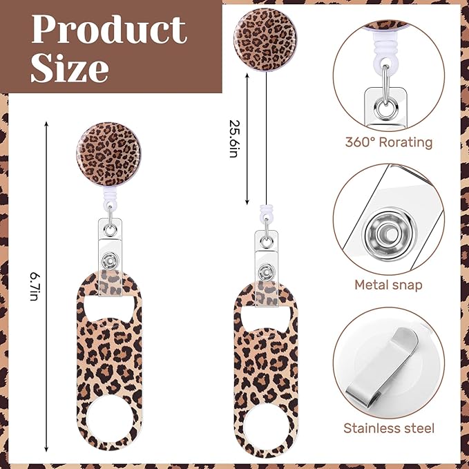 Irenare 6 Pcs Flat Bottle Openers Retractable Bar Keys for Bartenders Stainless Steel Beer Bottle Opener with Belt Clip and Round Badge Reel Bartender Gifts for Women Men(Leopard Style)