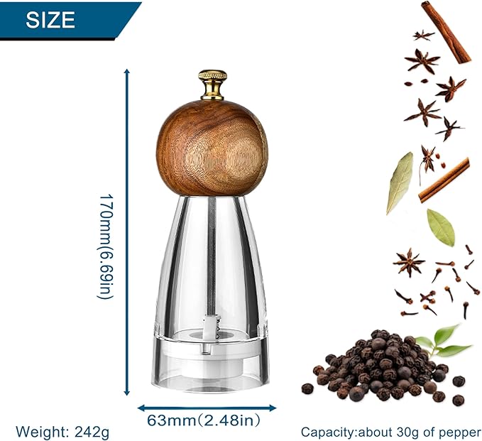 Pepper Grinder Set Salt and Pepper Grinder Acrylic Manual Pepper Mill Set with Adjustable Coarseness Salt and Pepper Shakers, Enjoy Fresh Ground Pepper Spices Salt Grinder (6.7in-wood-acrylic)