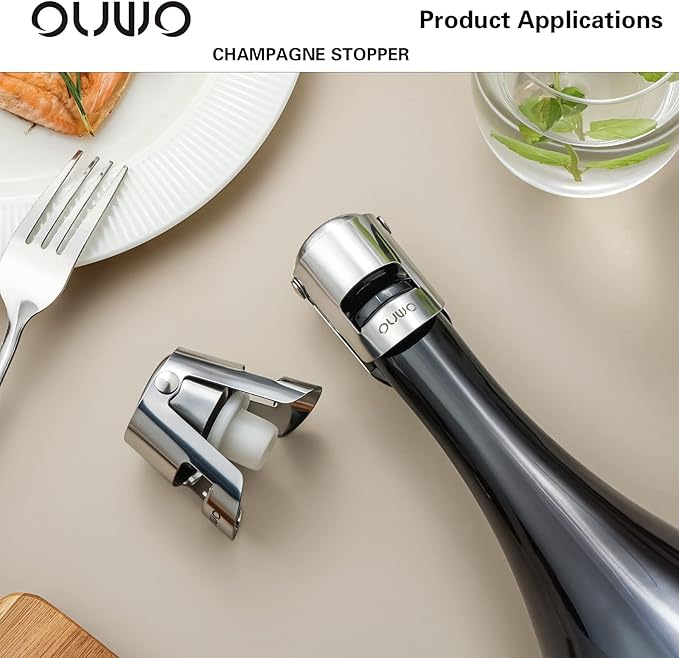 Champagne Stopper 6 Pack Stainless Steel Champagne Save with Food Grade Silicone, Leak-Proof Bubble Retaining Saver, Suitable for Champagne Prosecco Cava and Sparkling (Silver)
