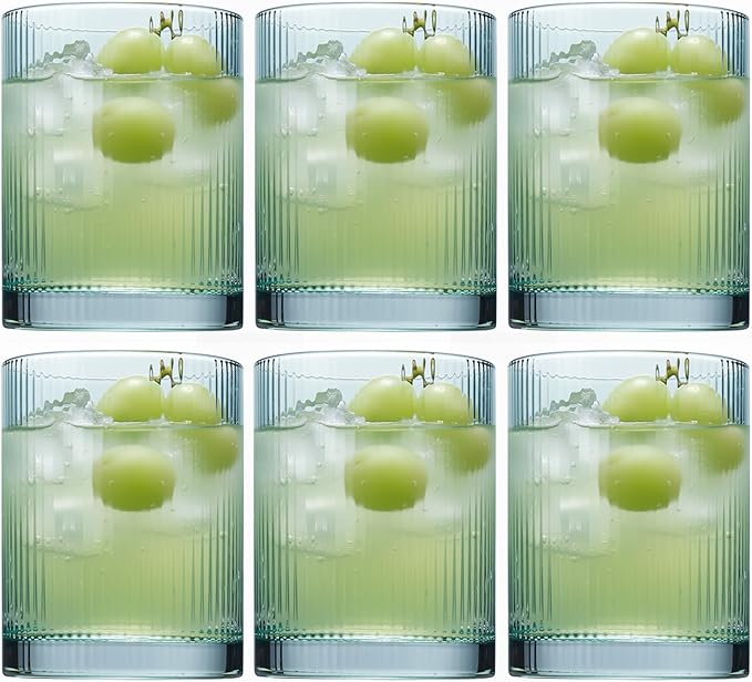 Physkoa Mint Green Ribbed Drinking Glasses Set of 6 – 9oz Vintage Green Glassware, Embossed Ribbed Tumbler Cups for Juice, Water, Cocktail, Iced Coffee