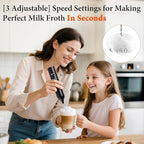 Milk Frother, Rechargeable & Handheld Frother Wand with stand, 3 Speed Adjustable Drink Mixer With 2 Stainless Whisks for Coffee, Matcha, Cappuccino, Egg, Electric Whisk Foam Maker (Black)