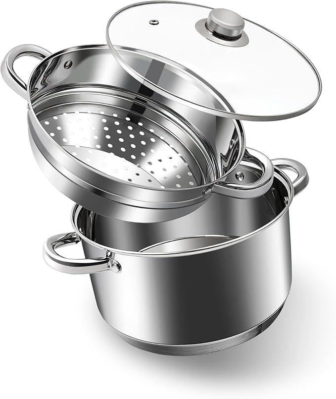 AuFranc® 4 Quart 18/10 Stainless Steel Tri-ply Stockpot and Steamer with Tempered Glass Lid, Multipurpose Steamer Pot Compatible with All Cooktops, Non-Toxic Soup Pot, Oven & Dishwasher Safe (Silver)