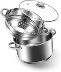 AuFranc® 4 Quart 18/10 Stainless Steel Tri-ply Stockpot and Steamer with Tempered Glass Lid, Multipurpose Steamer Pot Compatible with All Cooktops, Non-Toxic Soup Pot, Oven & Dishwasher Safe (Silver)