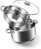 AuFranc® 4 Quart 18/10 Stainless Steel Tri-ply Stockpot and Steamer with Tempered Glass Lid, Multipurpose Steamer Pot Compatible with All Cooktops, Non-Toxic Soup Pot, Oven & Dishwasher Safe (Silver)