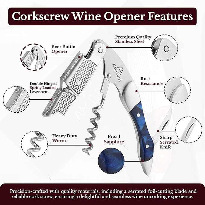 Waiters Corkscrew Wine Opener - Double-Hinged Fulcrum 3-In-1 Cork Screw Wine Bottle Opener Heavy Duty Stainless Steel & Sapphire Resin. Serrated Foil Cutter. Beer Opener. Magnetic Gift Box