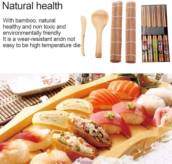 GLOGLOW Sushi Maker Set, Tool & Gadget Sets with Curtain Vane/Wing Spoon and 5 Pairs of Twisted Chopsticks, for Making Sushi At Home Maker Set, Rolling Mat Kits Making Kit (Assorted Color)