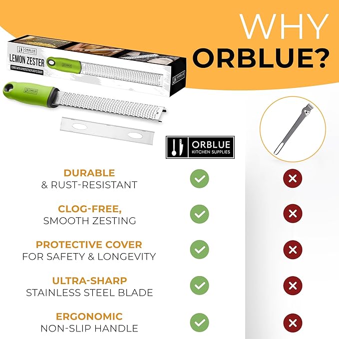 Orblue Lemon Zester & Cheese Grater - Premium Citrus Zester, Kitchen Grater for Parmesan, Chocolate, Fruits, Vegetables, Ginger, Garlic, Nutmeg - Stainless Steel Blades with Protective Cover, Green
