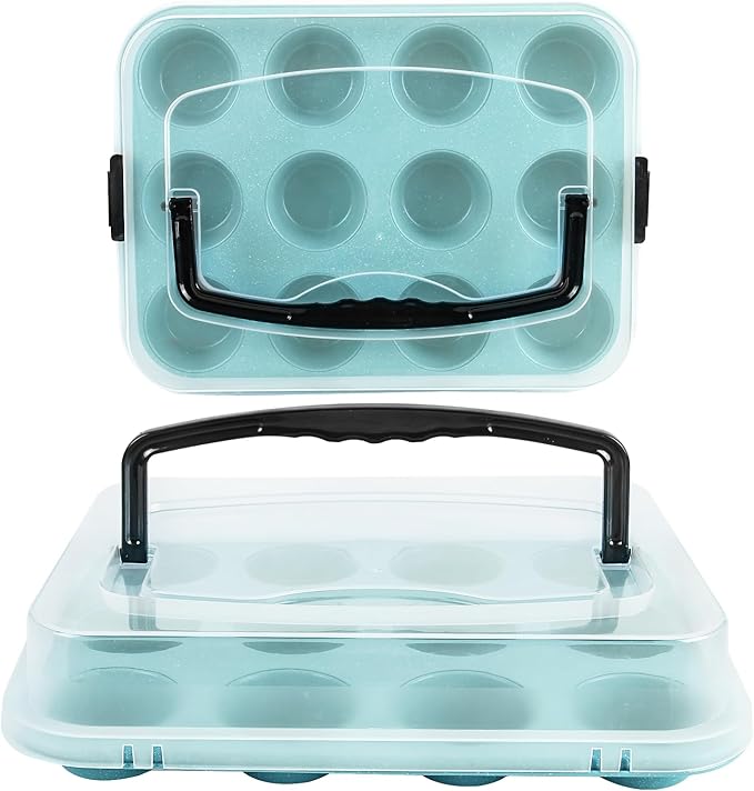 Blue 12-Cup Muffin Pan with Lid, 2-Pack Metal Cupcake Pan with Handle, Portable Blue Muffin Pans Nonstick 12 with Cover Ideal for Easy Carrying, Holiday, Party and Travel