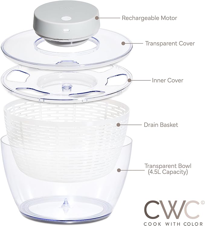 COOK WITH COLOR Electric Salad Spinner, Round 4.5L Capacity – Fast Drying & Easy Spin for Fresh Greens, Goat/Mink