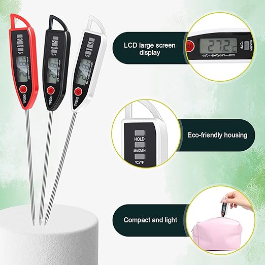 Copkim 3 Set Waterproof Food Thermometer for Water, Liquid, Candle and Cooking Digital Meat Thermometer with Long Probe Instant Read for Kitchen BBQ Grill Candy (Black,White,Red)
