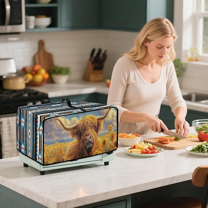 Highland Cattle Sunflower Print Toaster Cover Air Fryer Dust Cover Anti Fingerprint Aztec Toaster Oven Cover Washable Kitchen Small Appliance Covers (Small-14.5 * 18.46 * 9 inches)