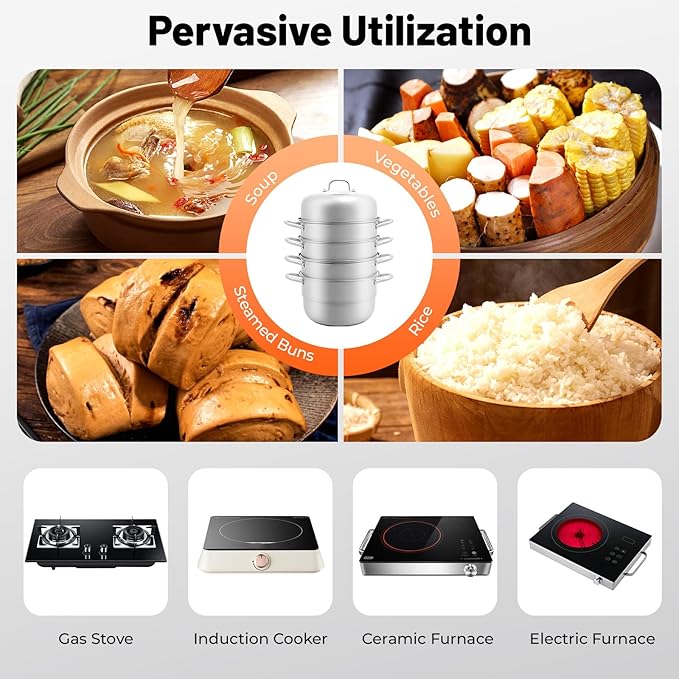 5-Tier Stainless Steel Steamer, 12.8 Inch Commercial Multi Tier Stainless Steel Cookware Pot Vegetable Meat Steamer Cooker Set w/Glass Lid for Steaming Shrimp & Miscellaneous Grains