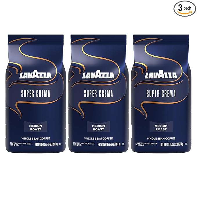 Lavazza Super Crema Whole Bean Coffee, Medium Espresso Roast, Arabica and Robusta Blend, 2.2 lb Bag (Pack of 3)