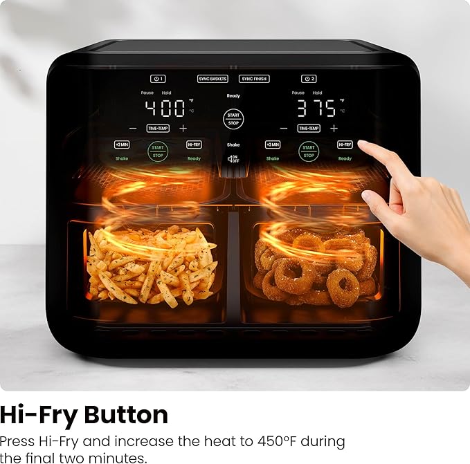Chefman 6 Quart Dual Basket Air Fryer - Digital Touchscreen, Smart Sync Finish, Hi-Fry, Auto Shutoff, 2 Independent 3QT Nonstick Dishwasher-Safe Frying Baskets - Digital Double Air Fryer - Black