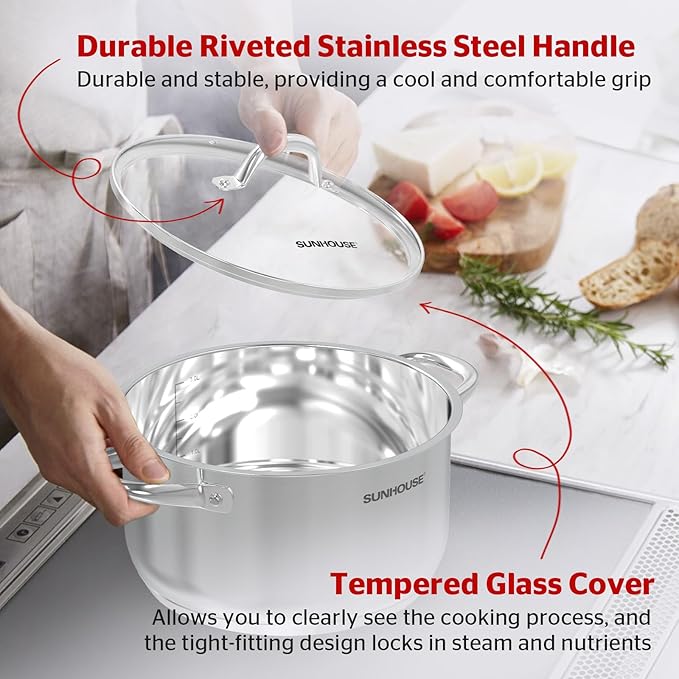 SUNHOUSE Stainless Steel Stock Pot - 13 Quart Heavy-Duty Induction Cooking Pot with Visible Lid for Pasta, Soup, Spaghetti - Nonstick Thick-Bottom Deep Stockpot for Canning, Boiling, and Simmering