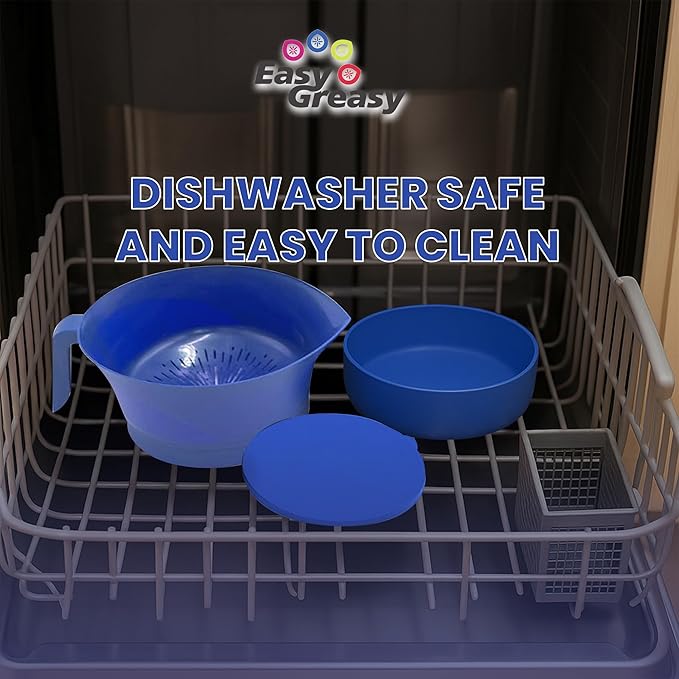 3-Piece Colander Grease Strainer Set – Blue Grease Separator with Handle, Container & Lid – Strains Bacon, Pasta, Ground Beef – BPA-Free Kitchen Gadget